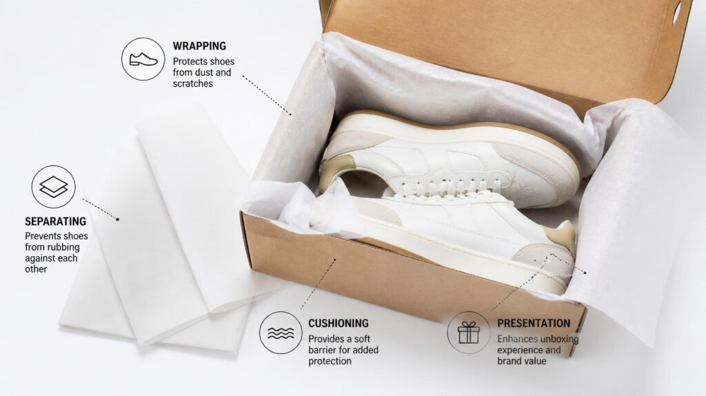 Tissue paper function infographic inside shoe box: wrapping, separating, cushioning and presentation for product packaging