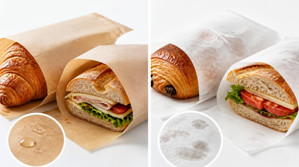 Dry waxed tissue paper demo, compare moisture and grease resistance for sandwich and croissant food wrapping