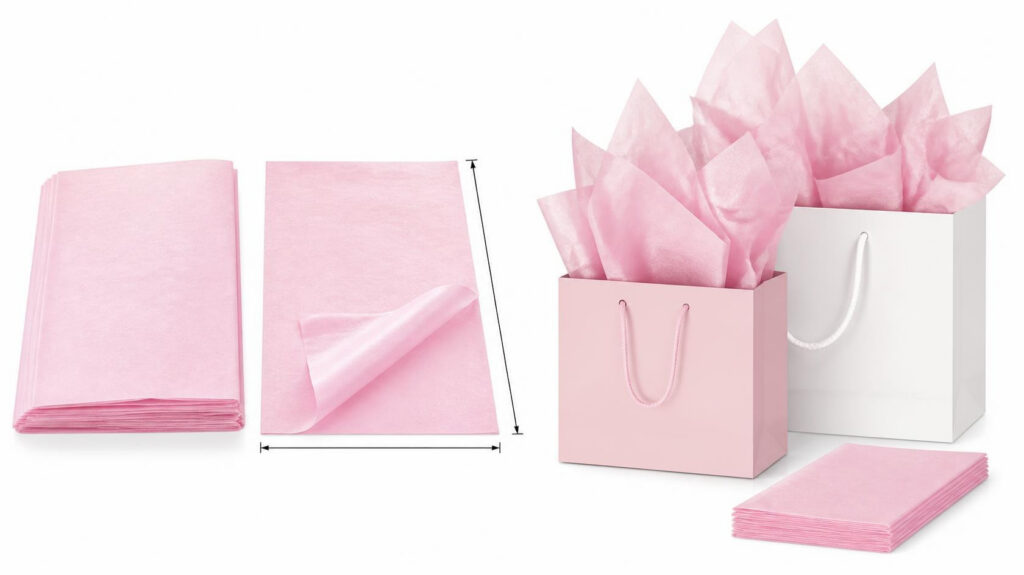 Pink custom tissue paper sheets with dimension diagram, styled inside gift shopping bags for retail gift packaging