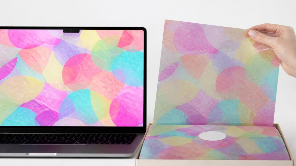 Custom printed tissue paper, laptop digital design matching physical printed tissue inside gift box