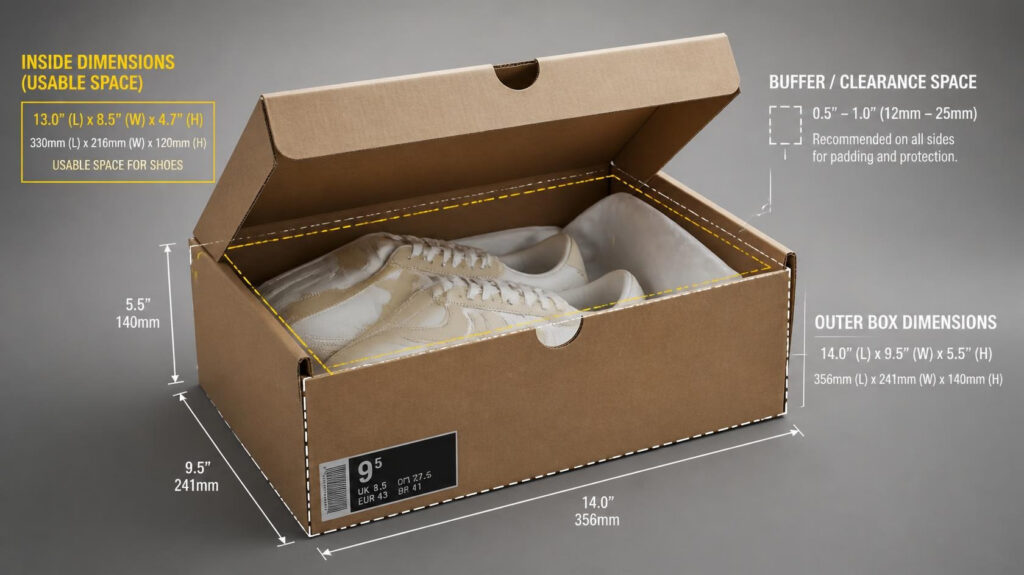 Kraft cardboard shoe box dimension diagram, internal and external size marking illustration, sneaker packaging size reference chart