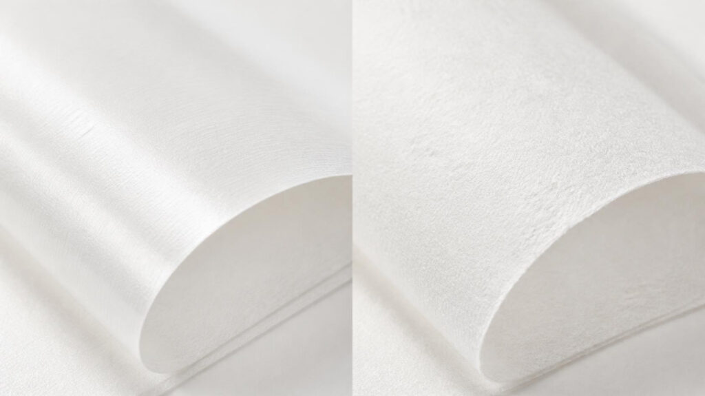 MG vs MF tissue paper side‑by‑side close‑up comparison, glossy MG tissue and textured matte MF tissue