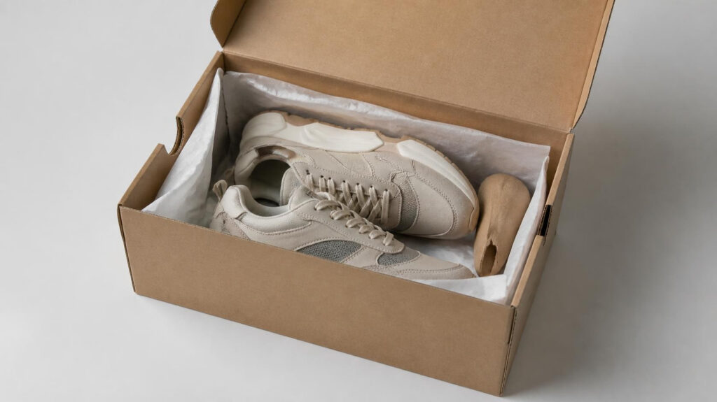 Open blank kraft cardboard shoe box, beige casual sneakers with tissue paper and shoe tree inside, footwear packaging presentation