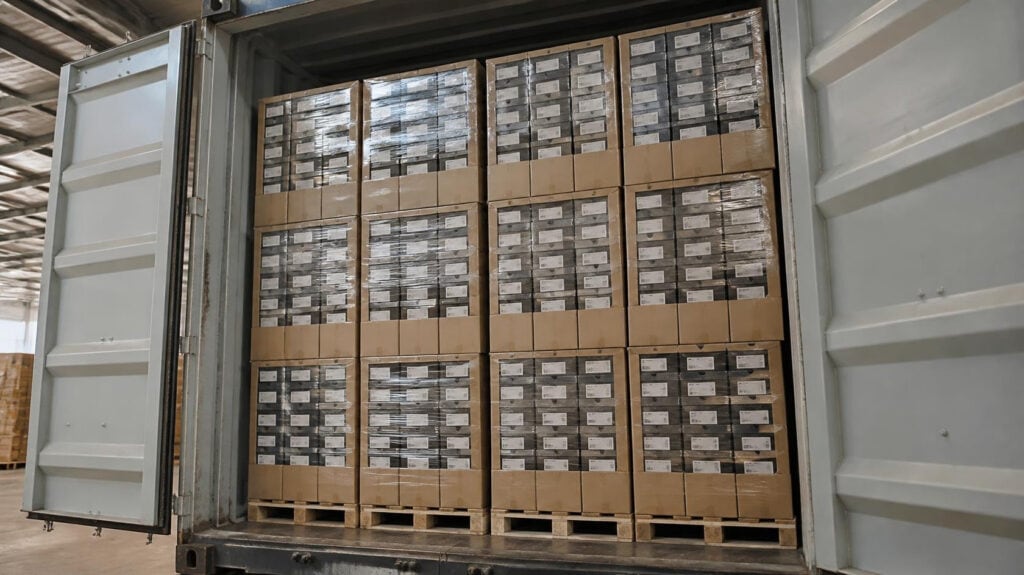 Shipping container loaded with stacked pallets of labeled shoe boxes wrapped in plastic film, factory bulk export shipment