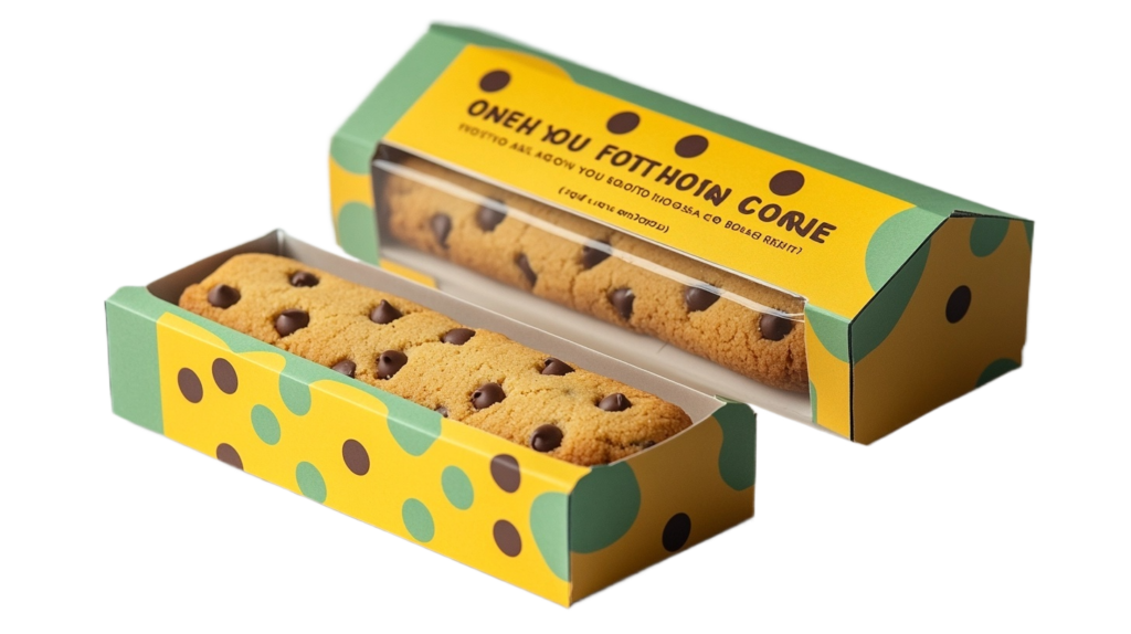 Custom printed long cookie boxes with clear PVC window, rectangular bakery packaging for single large chocolate chip cookie, branded color printing food paper boxes