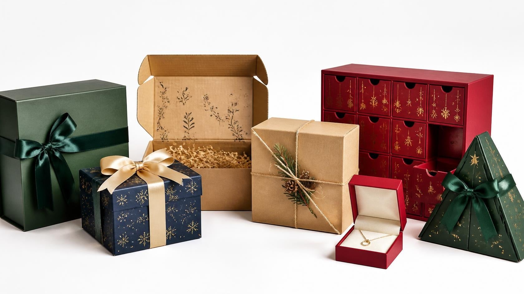 Wide selection of custom Christmas gift boxes, rigid boxes, advent calendar, kraft folding boxes for holiday retail packaging