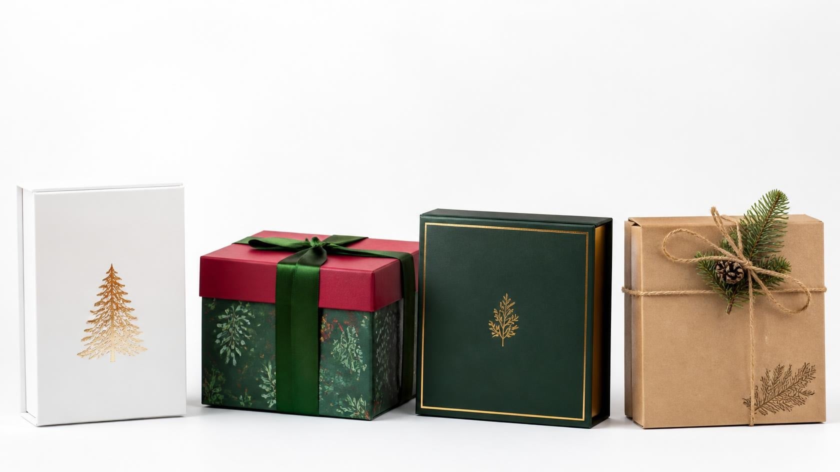 Collection of custom luxury rigid Christmas gift boxes with gold foil, satin ribbon and festive seasonal finishes