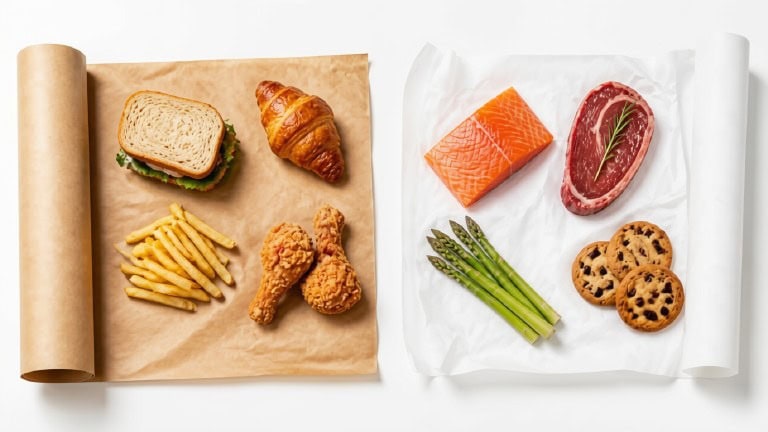 Comparación de arriba hacia abajo: papel kraft para carnicería que contiene comida para llevar, papel pergamino blanco para carne cruda, salmón y galletas para hornear; infografía sobre fondo blanco que compara papel de carnicería y papel pergamino.
